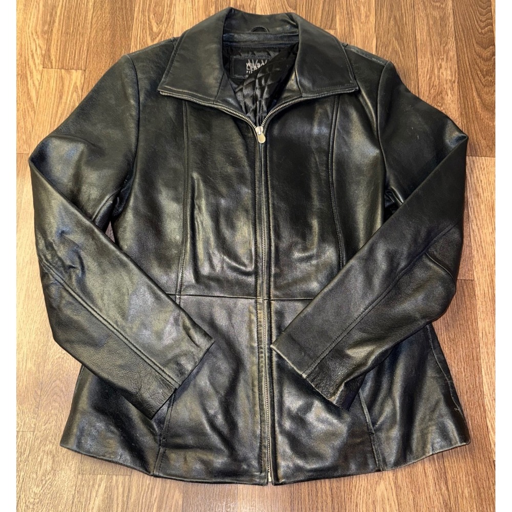 Wilsons Leather Pelle Studio Black Leather Zip Up Quilted Lined Jacket Womens M